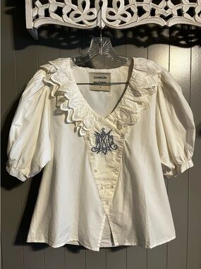 Damson Madder Lottie Puff Sleeve Ruffled Organic Cotton Blouse